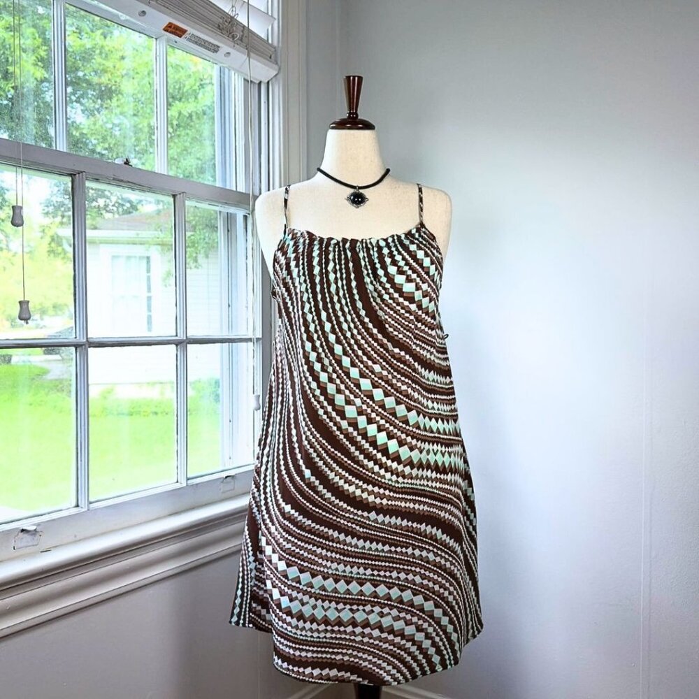 Attention Teal Brown Slip Dress Small Chevron Coastal Cowgirl Mod Y2K
